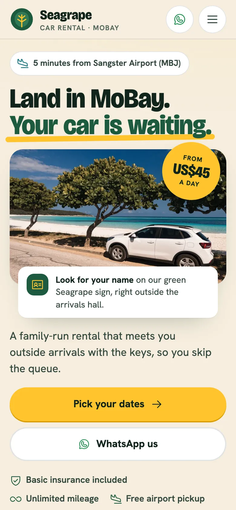 The Seagrape Car Rental sample website on a phone
