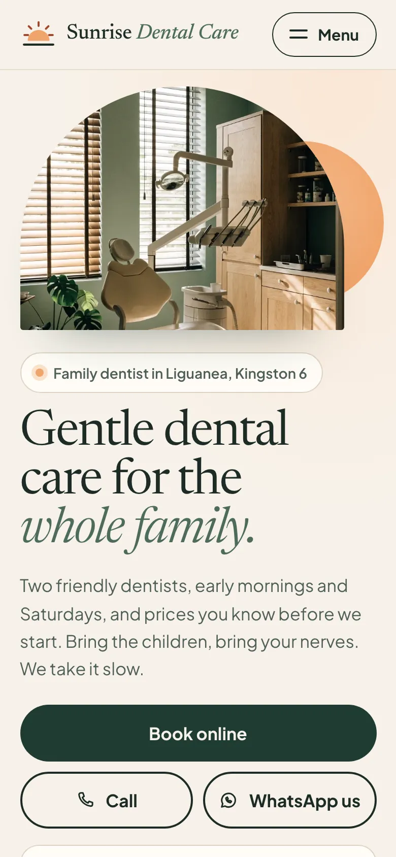 The Sunrise Dental Care sample website on a phone