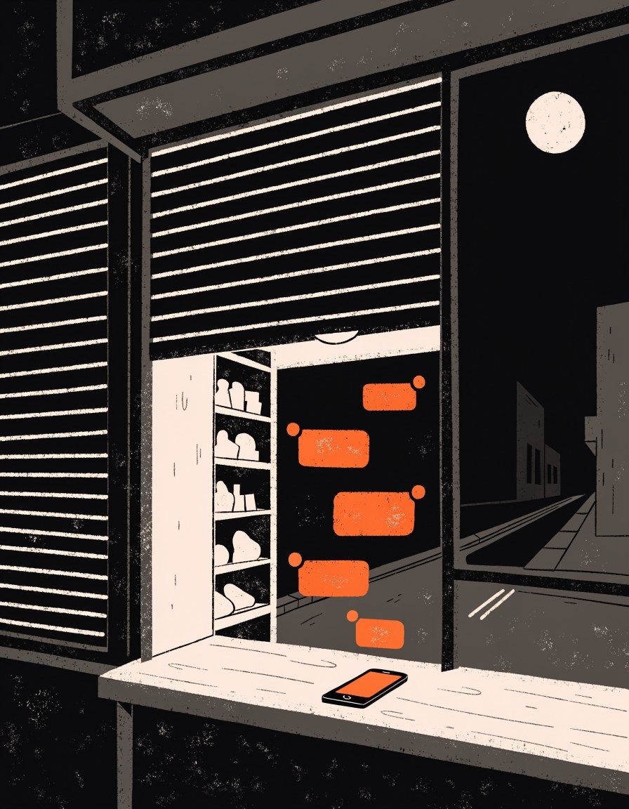 A small shop at night with the shutter half down, a phone on the counter and unanswered messages piling up