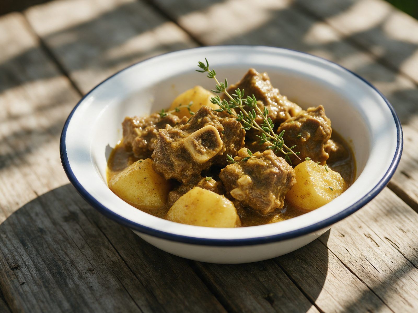 Curry goat on the bone with potato and fresh thyme in a white enamel bowl.
