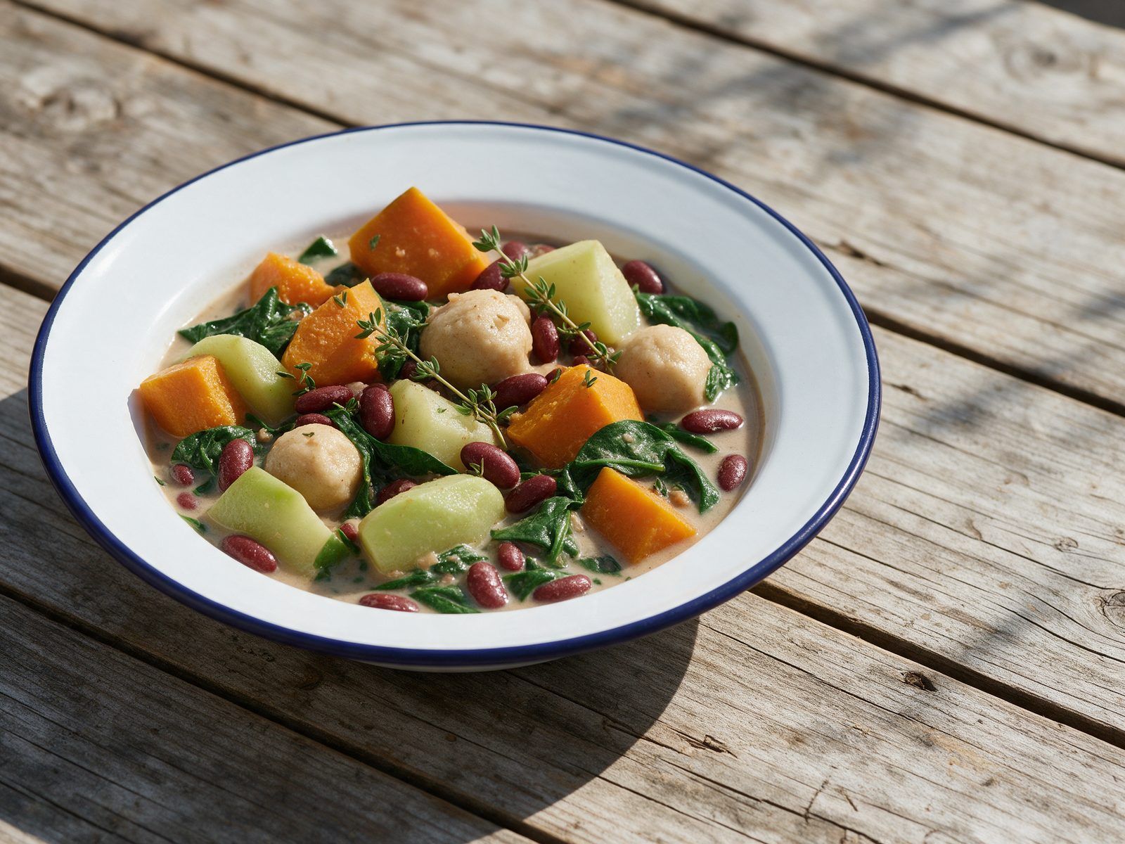 A bowl of ital stew: pumpkin, chocho, red peas, spinners and spinach in coconut milk.
