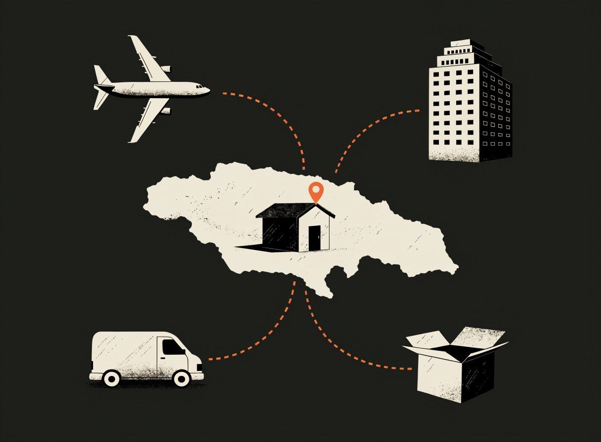 A map of Jamaica with lines to a plane, a hotel, a delivery van and a parcel
