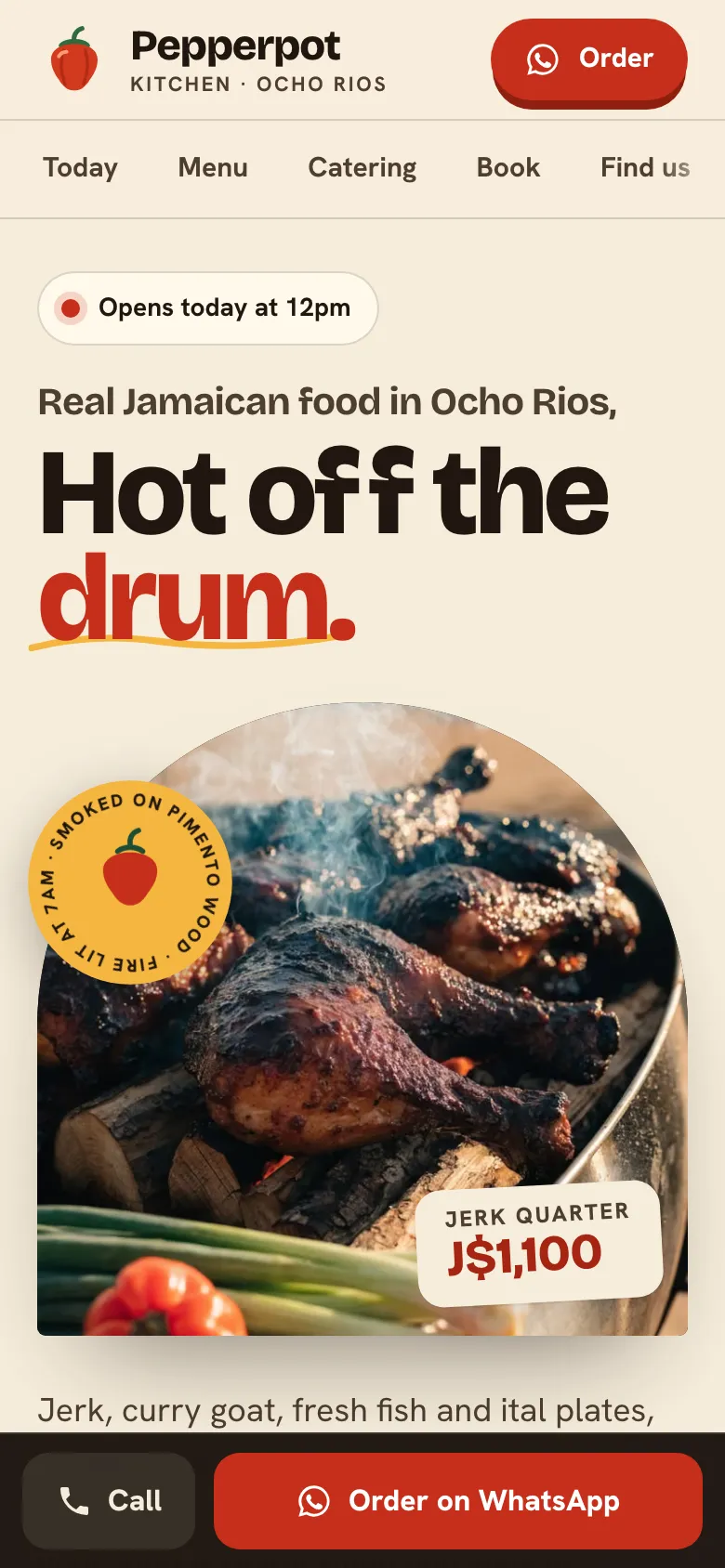 The Pepperpot Kitchen sample website on a phone
