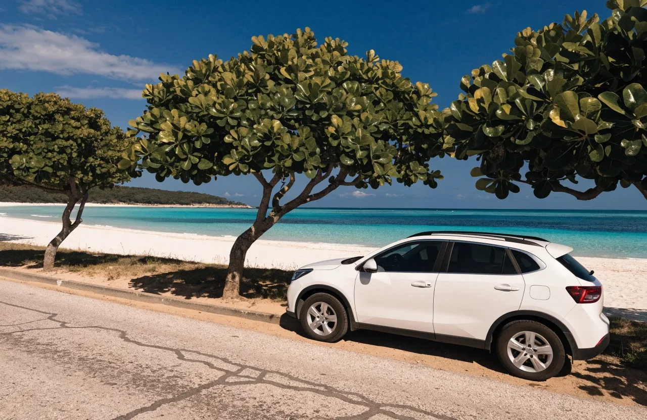 A white compact SUV parked under sea grape trees beside a white-sand beach and turquoise sea.