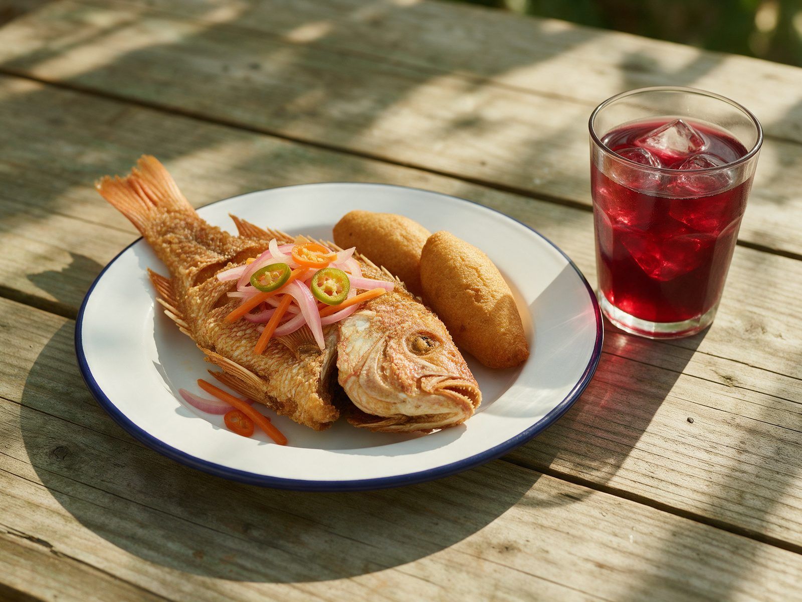 Escovitch fish with two festival dumplings and a glass of iced sorrel.