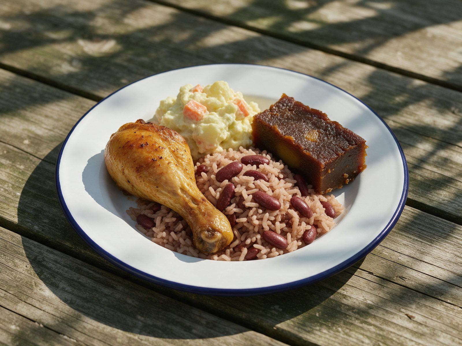 Sunday dinner plate: baked chicken leg, rice and peas, potato salad and a slice of sweet potato pudding.