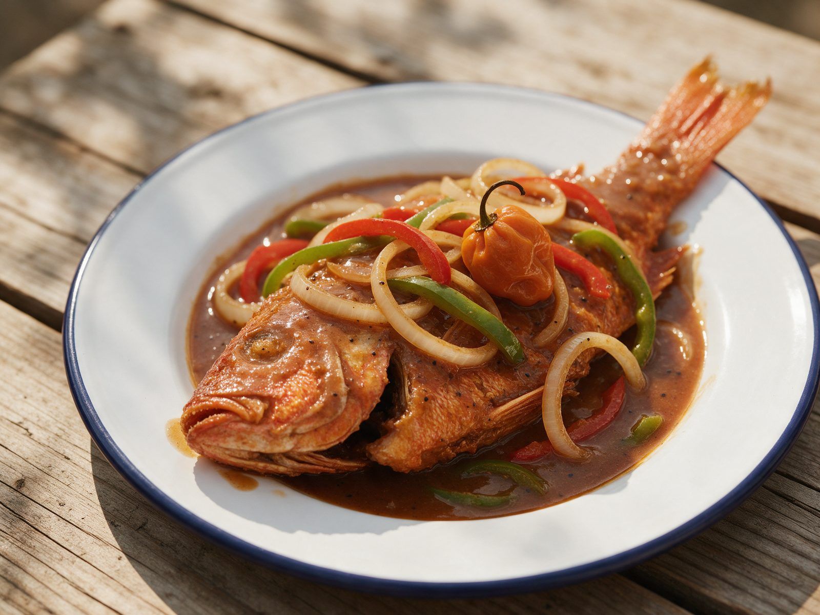 A whole snapper in brown stew gravy with onion, sweet pepper and a scotch bonnet.