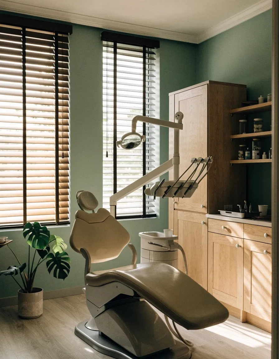 A bright treatment room with a cream dental chair, pale wood cabinets and morning light through the blinds