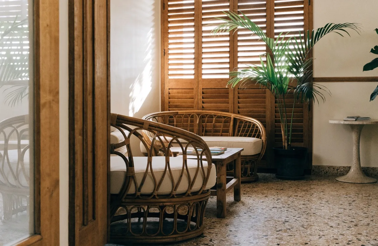 Our waiting area: cane chairs with cream cushions, a palm and wooden shutters